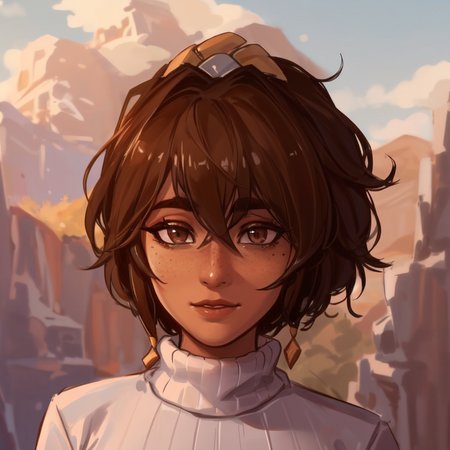 best quality, masterpiece, original, highres, illustration, best lighting and shadow, aesthetic wallpaper, amazing, beautiful, taliyah, 1girl, solo, dark skin, dark-skinned female, thick eyebrows, brown eyes, freckles, extremely detailed and beautiful face, happy, turtleneck sweater, sidelocks, outdoors, photorealistic,
 <lora:tali-20:0.55>