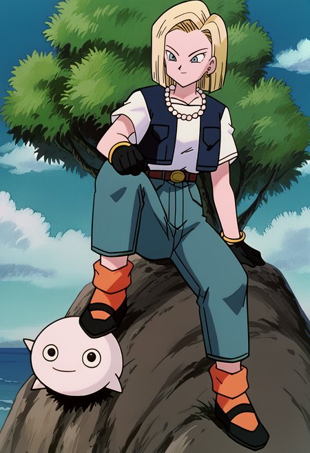 score_9,score_8_up, score_7_up, BREAK, ict style, a18, 1girl,(pokemon \(creature\):1.3), arm support, brown belt, black belt, black gloves, blonde hair, light blue eyes, blue sky, gold bangle, bush, chain necklace, closed mouth, cloud, cloudy sky, day, midnight green jeans, capri pants, yellow earrings, full body,  humanoid, bald, black eyes,(1boy:1.2,pink bald animal), grass, high-waist pants, horizon, knee up, light smile, looking afar, looking to the side, ocean, orange ankle socks, outdoors, tree, retro artstyle, rock, shirt tucked in, short hair, short sleeves, sitting, sitting on rock, sky, smile,  black cropped vest, white t-shirt, capri pants, open vest, pearl necklace, gold badge, black mary janes, belt buckle,multiple others,  , <lora:Android18Pony:1> <lora:PokeMoviesPony:1>