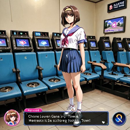 VG_SS, fake screenshot, english text,
"TRUE LOVE"
Fake video game interface. 
Scrolled beat'em up.
((1 woman,))
MikaeMorikawa, brown hair, yellow hairband, medium hair, bob cut, brown eyes, , serafuku, short sleeves, blue skirt, pleated skirt, white socks, white footwear, sneakers,
backdrop is a area of high school in town in Japan, 1999.
(High Resolution), (More Details), (8K), (High Resolution)