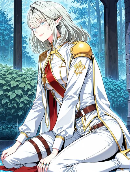<lora:Alea_Triscan__The_Beginning_After_the_End__Illustrious:1>
1 girl, solo, elf, pointy ears, light blue eyes, grey hair, medium hair, hair behind ear, hair between eyes,ahoge,  military uniform, white cape, epaulettes, ring, jewelry, white pants, long sleeves, white thigh boots, thighhighs, high heels, belt, white jacket, red sash
score_9, score_8_up, score_7_up, very aesthetic, source_anime, detailed, high quality, beautiful, detailed eyes, masterpiece, best quality, absurdres, perfect anatomy, 1girl, solo, wariza, sitting, hands on own knees, garden background, charming smile, rain, <lora:iLLMythG0thicL1nes:1>
