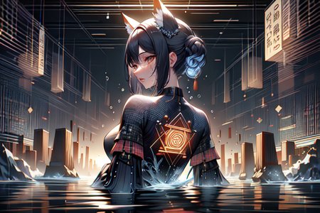 highly insanely detailed, masterpiece, top quality, best quality, highres, 4k, 8k, RAW photo, (very aesthetic, beautiful and aesthetic),  
(code_style,codestyle),english text,traditional chinese text,japanese text,(sympattern,geometric pattern:1.4), 
<lora:CodeStyle (half generic class)_564920:1>, 
(1girl:1.3), 1other, 
(in river),splash,splashing,(twilight background,low horizon),backlighting,âââ