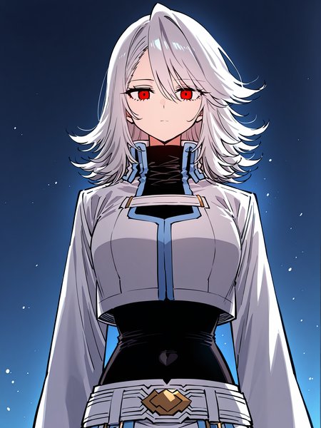 <lora:Player__Manhwa__Nagi:1>
1girl, solo, white hair, medium hair, layered hair, wavy hair, swept bangs, red eyes, expressionless, neutral face, long sleeves, high collar
white cropped jacket, short jacket, open chest design, decorative chest strap, white chest band, high collar, long sleeves, gold accents, layered clothing, thigh-high black stockings, black tight top, black bodysuit, high collar, split skirt overlay, skin-tight underlayer garter belt, thigh strap, black boots, decorative belt, gold buckle,
score_9, score_8_up, score_7_up, score_6_up, source_anime, rating_explicit, masterpiece, best quality, intricate details, gothic fantasy, upper body portrait, dramatic pose, confident gaze, cinematic lighting, clean background, glowing magical particles, detailed face, vibrant colors