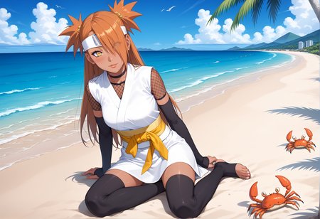 score_9, score_8_up, score_7_up, score_6_up,
source_anime, masterpiece, newest, Highly detailed, 1girl, 1boy, slender, innocent, chocho akimichi, chodef, forehead protector, beautiful face, (dark skin, dark skinned woman), sweat, orange hair, lip gloss, Mascara, two spiky ponytails, long hair, head tilt, shy, blush, hair over left eye, white kimono, sleeveless, (fishnet shirt), yellow sash, dark yellow ribbon, black arm warmer, toeless footwear, black thighhighs, asymmetrical perky teardrop-shaped boobs, athletic build, candid shot, full body, seagull, crab, coastline, outdoors, beach, dust, sandy air, golden hour, palm tree, wind, realistic shadows, <lora:Akimichi_Chocho_pony_rc4-000008:1>, (mischievous, sultry, yellow dress, beach, island, sparing, Chocho holds her arms out wide)
