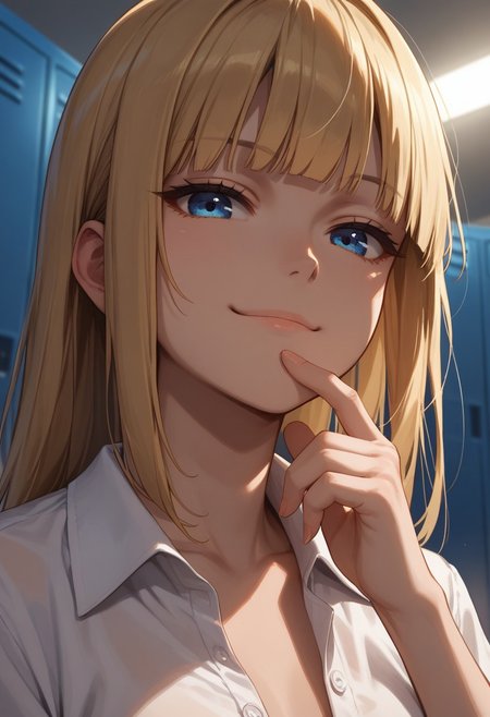 (score_9, score_8_up, score_7_up), 1girl, solo,blonde hair, blue eyes, long hair, hime cut, long bangs, small breasts, buttoned shirt, white buttons, white shirt,   short sleeves, collarbone, finger on mouth,
(face focus, close-up:1.3),  standing, locker room, night time, dim lighting, dynamic lighting, 
(leaning back, arched back, dutch angle:1.2), 
(relaxed, smug:1.2),