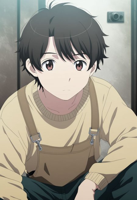 high resolution, solo, best quality, 1Boy, Inaho Kaizuka, Black Hair, Brown Eyes, lofi, candid, squat, depth of field, photo model, looking at viewer, OverallDetail