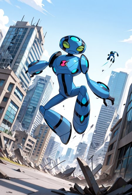 <lora:ulteco-10:1> ulteco, pokemon (creature),blue robot, green eyes, closed mouth, dynamic pose,  shockwaves, floating, destroyed city,, masterpiece, best quality, amazing quality, very aesthetic, absurdres, newest,