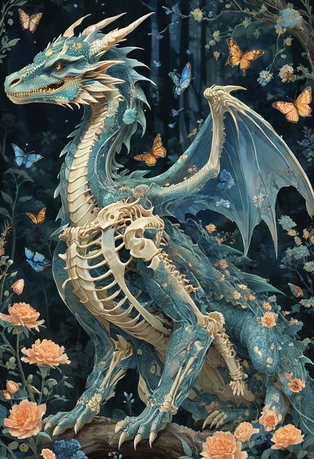 ral-granlum, A majestic dragon with intricate blue floral patterns adorning its skeletal structure. The creature stands amidst a serene forest backdrop, surrounded by various trees, flowers, and butterflies. The color palette is dominated by soft pastels, with the creature's skeleton being the most prominent feature, contrasting beautifully with the floral elements.