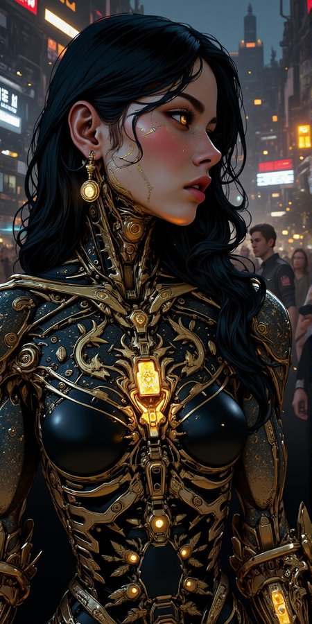 hyper-realistic digital artwork amazing masterpiece, surrealistic upper body close up amazing cyberpunk anime artwork, thin lines, sharp, cyborg girl woman, amazing actress on luxury premiere gala with black robotic body with skin covered by intricate geometric golden glowing patterns tatoos made  with bio ink, stading in the middle of luxury cinema event of cyberpunk corporation upclass citizens<lora:BLUE_mk4_angel_FLUX_03:1.3> <lora:CPA:0.8>  <lora:ck-nc-pastel-cyberpunk:0.6> <lora:Flux.1_Turbo_Detailer:0.6>  <lora:BioInk2FLUX:1>