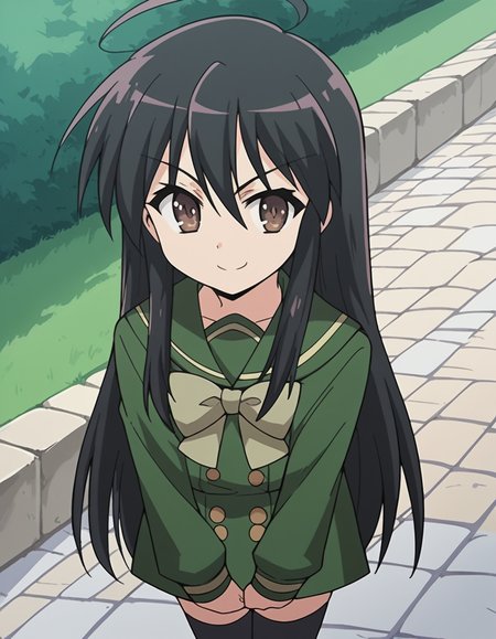 score_9, score_8_up, score_7_up, source_anime, <lora:shakugan-no-shana-s1-ponyxl-lora-nochekaiser:1>, shana, long hair, black hair, brown eyes, ahoge, sidelocks,, school uniform, serafuku, green serafuku, bowtie, green bowtie, green shirt, green sailor collar, long sleeves, green skirt, buttons, thighhighs,, stone walkway, historic, path, cobblestone, footpath, smile, leaning forward,, looking at viewer, solo,, dutch angle, cowboy shot