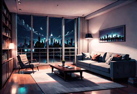 ((front view)), Shallow scene, (((animation style))), (night), modern-style interior, with white walls, (large windows), a  study, Sofa, coffee table, bookcase, single wall, ((dark room)), single light source, quiet and mysterious night sky,  city night view, (City high-rise building scenery), (City scenery outside the window), starry sky, moonlight,