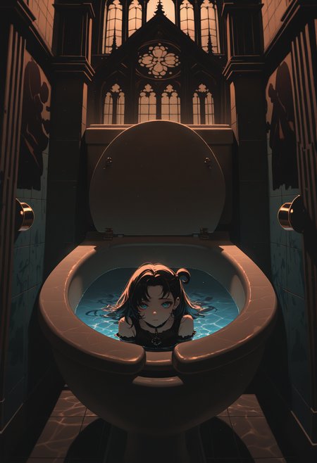 (incredibly_absurdres, amazing_background, best quality, flat_colors, anime_coloring, dynamic_angle, motion_blur, dutch_angle, surreal, line_art, traditional_media)
(4utumnd4rk4cademia, close-up, backlighting, light_particles, toilet, caustics, swirling, gothic_architecture, urinal, (partially_submerged, black toilet), bathroom, cramped, liminal)