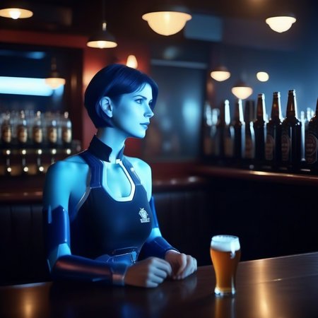 cinematic photo 1girl, short hair, blue skin, science fiction, having a beer in a pub  <lora:Cortana1024:0.8> . 35mm photograph, film, bokeh, professional, 4k, highly detailed