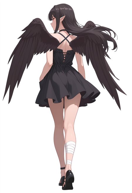 Smooth Quality,masterpiece,very intricate, high quality details, ultra realistic, high detailed skin,detailed enviorement,absurdres,
simple background, white background,
from behind,pensive,walking, one hand in pocket, looking aside, casual, confident,  ,
 <lora:Reese_evecnn:0.8>evecnn,1girl, long hair, black hair, red eyes, pointy ears, bangs, black dress, sleeveless dress, halterneck, criss-cross halter, choker, shoes, black footwear, black wings, feathered wings, bandages,