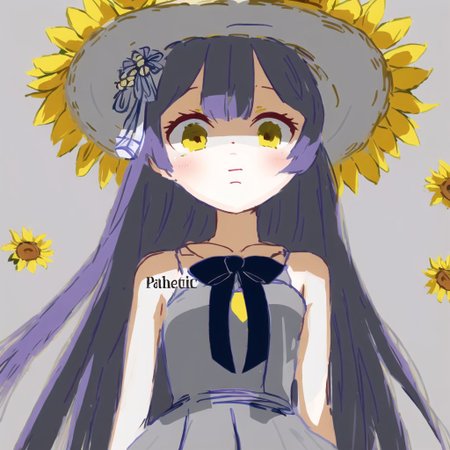 <lora:pathetic_meme:1.0>, patheticmeme, upper body, 

1girl, bare arms, blue ribbon, bouquet, bow, collarbone, dress, flower, grey dress, hat, hat bow, holding, holding bouquet, long dress, long hair, looking at viewer, purple bow, purple hair, ribbon, sleeveless, sleeveless dress, solo, standing, straight hair, straw hat, sun hat, sundress, sunflower, very long hair, yellow eyes, yellow flower, yellow headwear