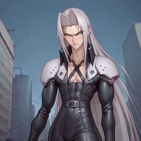 score_9, score_8_up, score_7_up, flightless detailed closeup action shot, from front, Sephiroth leaping through the air swinging very long sword in a wide overhead arc, smug expression, dynamic pose, exaggerated perspective emphasizing action, in an industrial city at night, dim street lighting, solo, beautiful, androgynous, flat chest, leather straps, broad shouldered, long draping leather overcoat, high contrast, industrial cityscape background,