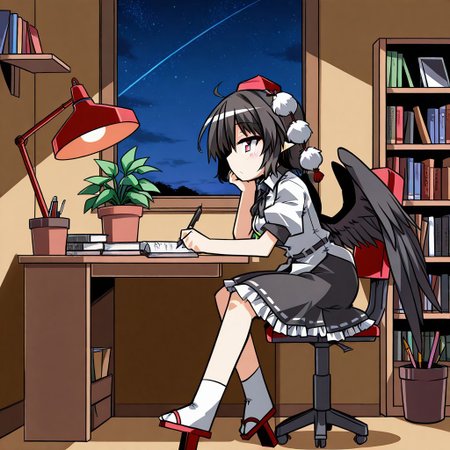 masterpiece, best quality, very aesthetic, absurdres, hemogurobina1c, hemogurobin a1c, 1girl, aya shameimaru, bird wings, black hair, black skirt, black wings, breasts, collared shirt, feathered wings, frilled skirt, frills, geta, hat, pointy ears, medium breasts, pom pom (clothes), puffy short sleeves, puffy sleeves, red eyes, red hat, short hair, short sleeves, skirt, tengu-geta, tokin hat, wings, zzLofi, sitting, side view, desk, chair, book, bookshelf, head rest, holding, holding pen, lamp, night, open book, pen, plant, potted plant, sky, star (sky), starry sky, window, windowsill, writing, hip level shot,