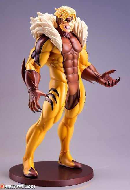PVC figure, rendering, (((full body))), 1man, male, solo,   1boy, x_s@bretooth, blonde hair, sideburns, white sclera, fangs, bodysuit, claws, muscular, hairy body,, Precise hands, insanely detailed, perfectionism, max detail, hard edge, hyperrealism,  Highest quality eyes, on a circular stand, two legs, two arms,