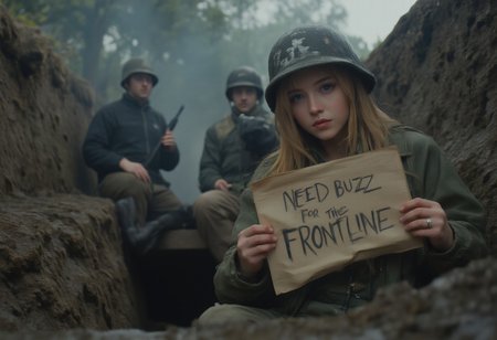 woman wearing military uniform, helmet, helmet grafitti, sitting in trench, smoke in the air, looking at viewer, holding sign that says "NEED BUZZ FOR THE FRONTLINE", soldiers in background, large breasts, OBxiaoxiang, wooden walls, muddy, semi-realistic