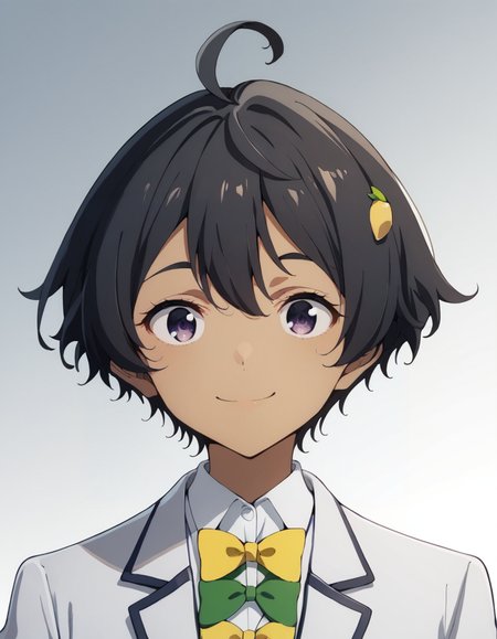 score_9, score_8_up, score_7_up, source_anime, BREAK
1girl, solo, looking at viewer, gradient background, light smile, portrait,
lemon yakishio, short hair, black hair, hair between eyes, ahoge, lemon hair ornament, dark purple eyes, dark skin,
winter school uniform, white blazer, white collared shirt, long sleeves, yellow bowtie, green bowtie,
<lora:lemon_yakishio_anime_v3-soralz:1>