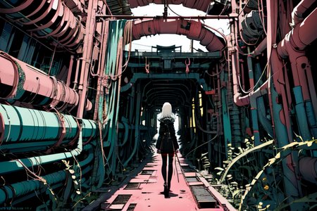 highly insanely detailed, masterpiece, top quality, best quality, highres, 4k, 8k, RAW photo, (very aesthetic, beautiful and aesthetic),  
tsutomu nihei,nihei_tsutomu,blame!,blame gakuen!,abara,TNstyle,sidonia_no_kishi,(tower,city ruins,tunnel,mausoleum,deep horizon,megastructure in background),toha heavy industries,walkway,air conditioner,cables,tubes,industrial pipes,dark background, 
<lora:ABARA:0.3>, 
(1girl:1.3), 
solo focus, 
mangrove forest biome,pure pink background,pure white background,pure yellow background,(Abstract colored fractal background),âââ