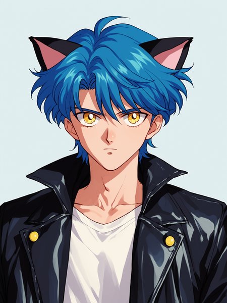 1990s (style), anime coloring, sm90s,  solo, animal ears, blue hair, 1boy, male focus, jacket, shirt, cat ears, leather, looking at viewer, upper body, black jacket, open jacket, open clothes, yellow eyes, white shirt,  BREAK PonyXLV6_Scores ,  <lora:SM90sPDXL_r1:0.8>