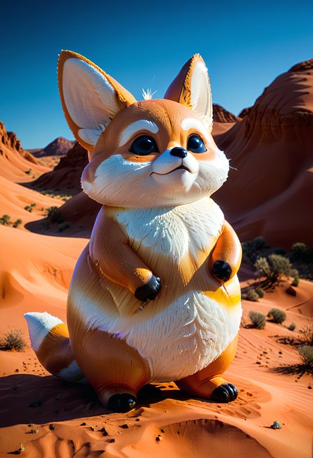 shnywrld, inflatable, nature, colorful, a (shnywrld fat fennec fox), cartoonish, in the desert.  <lora:shinyworld:.8>  <lora:zavy-cntrst-sdxl:.8> dark, chiaroscuro, low-key <lora:xl_more_art-full_v1:.8> <lora:[XL]fat:.8>
