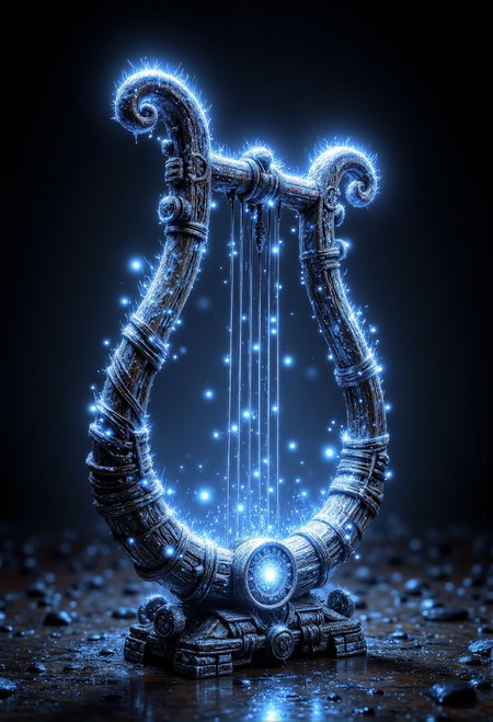 A musical lyre made of woven moonlight strands, its strings glowing faintly with an ethereal aura. <lora:aidmaDall-E3-FLUX-v0.1.safetensors:1.0>,  <lora:black_fantasy.safetensors:0.5>, <lora:aidmaGLOW-FLUX-V0.1.safetensors:0.5>,