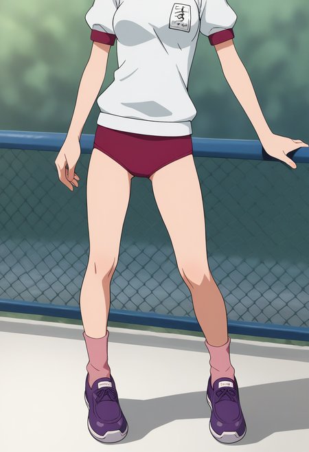 score_9, score_8_up, score_7_up, score_6_up, score_5_up, score_4_up, masterpiece, source_anime BREAK 1girl, ct-gy, medium breasts,  gym uniform, short sleeves, pink buruma, purple shoes, pink socks,  head out of frame, <lora:MisoraGym_PONY_c:1>