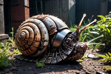 action shot,  cybernetic snail, robotic cyborg gastropod,( unusual shapes:1.3), cracked steel shell, black-and-white_ paint flaking off dirty armor plates, rust specks, BREAK dynamic pose garden tending, subsurface scattering, highly detailed damage and technological detail, photorealism, hyper realistic, shot on 65mm,  subsurface scattering, Photorealistic, Hyperrealistic, analog style, realistic, film photography, soft lighting, heavy shadow, light depth, dramatic atmospheric lighting, Volumetric Lighting, highly detailed