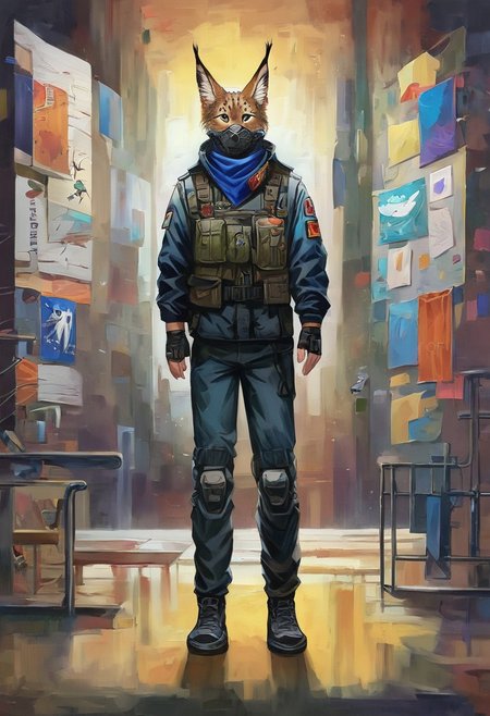 Score 9, Score_8_up, Score_7_up, ng_deepnegative_v1_75t, negative_hand, charturnerv2, knee-deep portrait of adult male,  banners, starship, high technology, shirt, fingerless gloves, soldier uniform,, , anime, Arknight provens, detailed background, cyberpunk, bandana, facemask, furry,  lynx species,  lynx tail, lynx ears