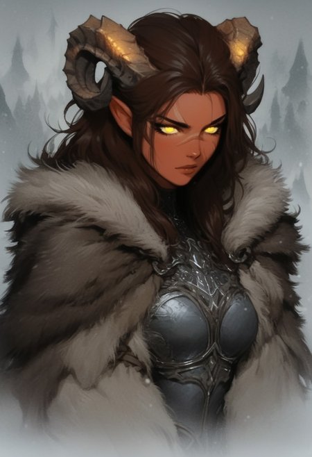 (score_9, score_8_up, score_7_up), source_anime, anime, red skin, shoulder length, long hair, scar on face, ((glowing yellow eyes)), black armor, ((brown fur cloak)), brown hair, girl, tiefling, ram horns, viking style