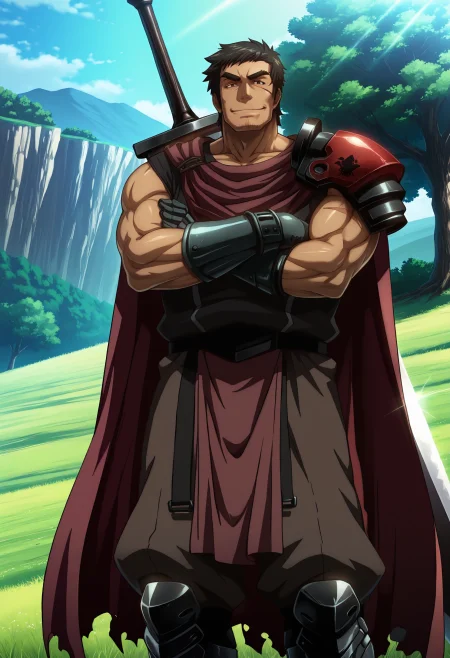 best quality, masterpiece, anime_screencap, hi res, best_quality, very aesthetic, absurdres, 8k, Kva1t,
1boy, male_focus, 
brown_eyes, black_hair, 
scar, manly,muscular, thick eyebrows, facial hair, stubble, sideburns,
smile, happy,
armor, cape, shoulder armor, pauldrons, shoulder pads, gauntlets, gloves, greaves, 
kuroinu emblem, standing, crossed_arms, 
huge_weapon, greatsword, sword_on_back, beautiful lighting, ray traced, outdoors, meadow, tree, cliff, day, sunshine