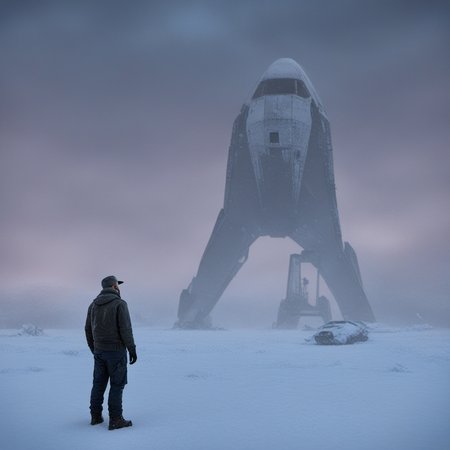 apocalyptic a man standing in the snow next to a giant shuttle <lora:Apocalyptic:1>