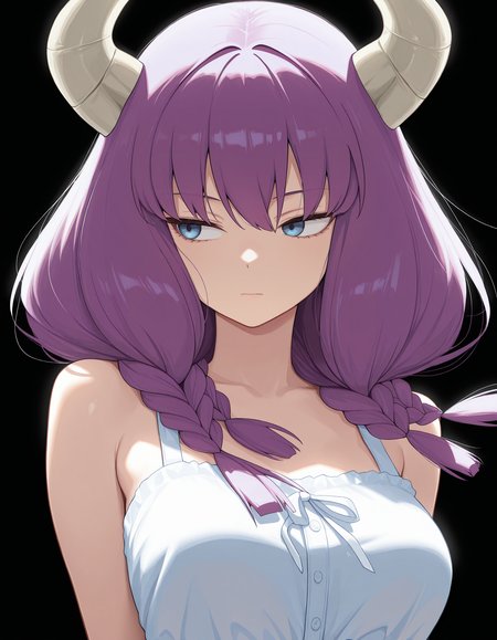 <lora:Aura:1>1girl, solo,
aur4, demon horns, demon girl, braid, multiple braids, purple hair, low-braided long hair, blue eyes, 
sundress, looking to the side, floating hair, 
(solid black background:1.4), simple background,, masterpiece, best quality, amazing quality