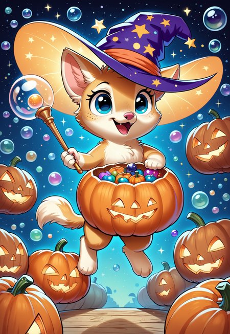 score_9, score_8_up, score_7_up, score_6_up, absurd res:1.1, solo focus, wizard hat, adorable quoll wearing a wizard hat and robes, golden fur, wand, holding, casting a spell, ((pumpkin made of iridescent bubbles, wow_bbls)), ((pumpkin made of iridescent bubbles floating in the air by wand:1.4, wow_bbls)), adorable:1.4, Illustration, official artwork,  wallpaper, official art:1.1