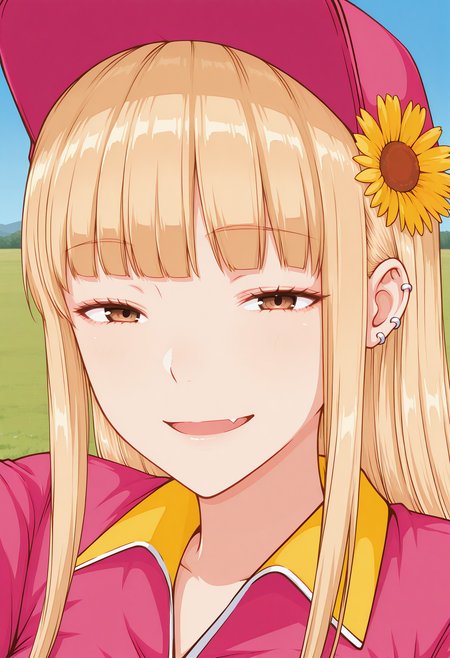 ruriko, fang, brown eyes, blonde hair, long hair, blunt bangs, ear piercing, hair flower, pink cap, pink shirt, short sleeves, <lora:ruriko_illustrious_ver2:0.8> 
 light smile,, masterpiece, best quality, sensitive,, 1girl, solo, blue sky, (grasslands:1.2), looking at viewer,, (upper body:1.2), (close-up:1.2), (facing viewer:1.2), (open eyes:1.4), (portrait:1.2)