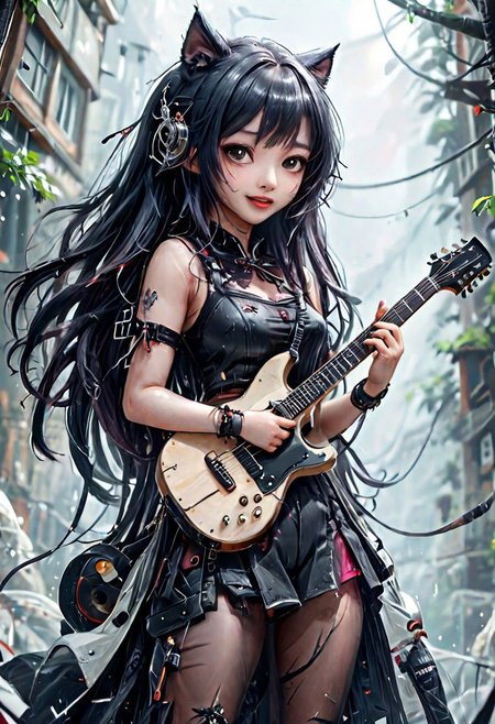 masterpiece, best quality, official art, extremely detailed CG unified 8k wallpaper, absurd, 8k resolution, exquisite facial features, perfect face, shiny skin, girl, (masterpiece), (best quality), (Super detailed), (Full body: 1.2), 1 girl, chibi, cute, smiling, open mouth, outdoors, playing guitar, music, holding guitar, scarf, bare one shoulder, gothic style, blushing ,,shirt,cherry blossoms,headwear,blush stickers,,bangs,earphones,,pink flowers,(beautiful and delicate face),(beautiful and delicate eyes),