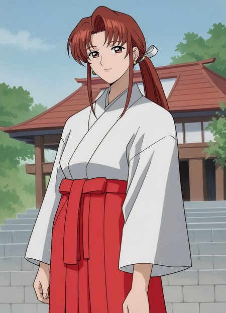 <lora:Kaho_Mizuki-Cardcaptor_Sakura:0.75>,mm,mature female,1girl,solo,red hair,long hair,earrings,red eyes,miko,red hakama,ponytail,cowboy shotlooking at viewer,smile,outdoors,temple
