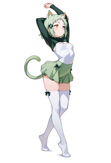 masterpiece,high quality details, absurdres, 
stretching pose, arms raised above head, one foot on tiptoe, slight back arch, elegant silhouette,  ,
 <lora:Mao_Kusagakure:0.8>
mao_cnr, 1girl, green hair, short hair,orange eyes, cat ears,cat tail,hair ornament,, x3,, simple background, white background, front view,solo,, compression shirt  ,shrug clothing,ruffled skirt, ,bow legwear thighhighs,