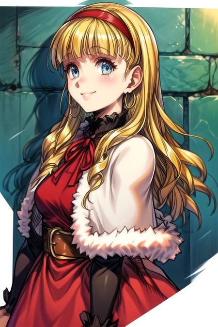 (best quality) , (highly detailed) ,masterpiece ,absurdres ,detailed face ,beautiful face ,(detailed eyes, deep eyes, anime eyes) ,1girl , solo, upper body, slight smile, small breasts
 CatherineDigimon, 1girl, solo, long hair, blonde hair, long sleeves, red dress, red hairband, blunt bangs, fur trim, redcapelet, drill hair, blue eyes, green ribbon, fur-trimmed capelet, headband, jewelry, belt, cape, hoop earrings, blue skirt, brown shoes, Cape, Smile, Happy,