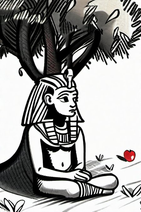 resting pharaoh, a red apple, apple tree background, motion trails, <lora:The_Simplest:1>, masterpiece, 8k, sharp, heavy shadow