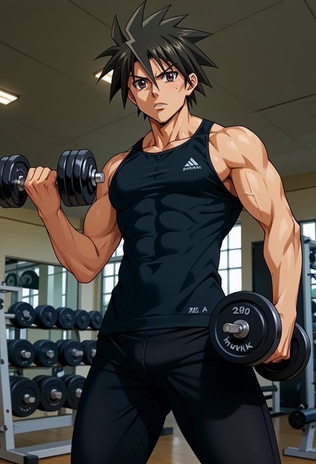 score_9, score_7_up, source_anime, BREAK <lora:AEKazuki:0.7> AEKazukiDef, brown eyes, black hair, spiked hair,  <lora:leggings_v2.6-pony:1> textured leggings, leggings, holding dumbbell,