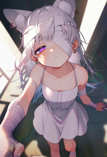masterpiece, best quality, very aesthetic, high resolution, ultra-detailed, absurdres, newest, extremely detailed eyes, beautiful, perfect lighting, hi res, amazing quality, very awa, jui_sio, JUI_SIO, 
1girl, animal ears, armband, bandaged fingers, bandages, closed mouth, earrings, half-closed eyes, jewelry, long hair, looking at viewer, purple eyes, solo, white hair, perspective, white dress, bandaged head, bandaged arm, sundress, head tilt, yami kawaii, bandage over one eye, detailed background, masterpiece, best quality, very awa, absurdres,