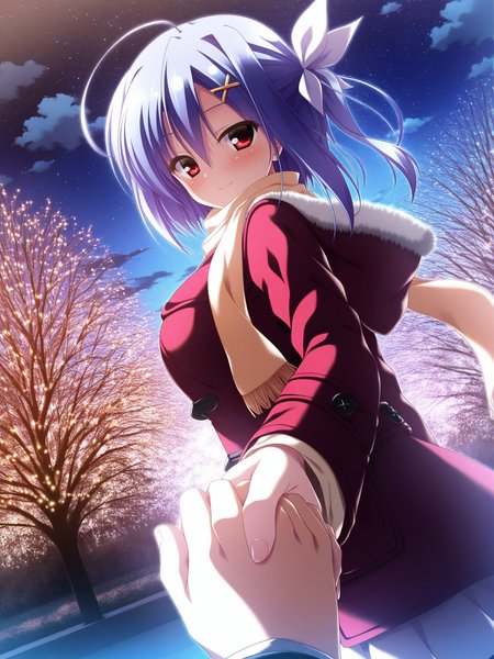 (masterpiece,best quality,ultra_detailed,highres,absurdres:1.2,amazing quality,very aesthetic),<lora:Shiina Anzu ilxl_v1-000012:0.8>,1girl, scarf, ahoge, night, smile, out of frame, holding hands, solo focus, sky, blue hair, pov, coat, red eyes, dutch angle, hair ornament, pov hands, star \(sky\), starry sky, night sky, short hair, looking at viewer, outdoors, shiina anzu\(12gatsu no Eve\)