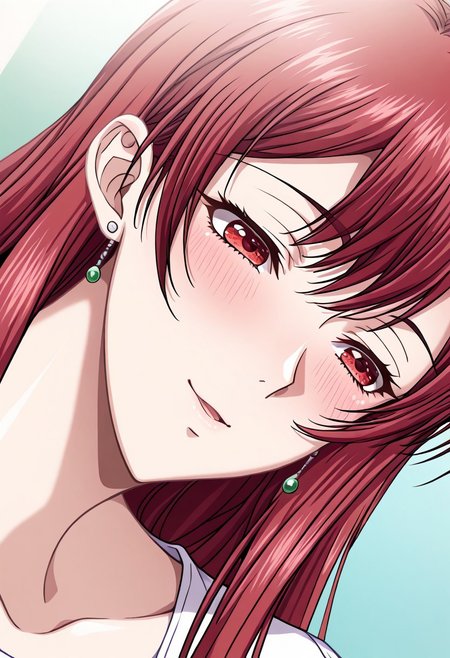 masterpiece, best quality, newest, highres, uncensored, 1girl, yokota mamoru style,1girl,
Aiba Sakura,Long Hair, Red Hair, Red Eyes,Slim
solo, open eyes, earrings, jewelry, long hair, blush, close-up,, dutch angle, portrait,happy
