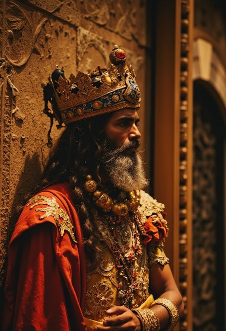 Vibrant Colorful Realistic analog photo, very detailed, hyper detailed, photorealistic, uhd, 4k, a DARK scenery of a Castle hall and the bedouin King with jewelery and golden tiles at the Wall, Realistic analog photo, awesome, high Quality, photorealistic, atmospheric lighting, volumetric lighting, cinematic, Epic Film Quality. intricately royal, stunning detailed