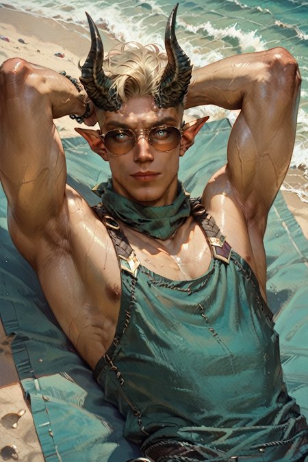 score_9, score_8_up, score_7_up, score_6_up
<lora:BGDammon:1.0>
BGDammon, 1boy, undercut, blonde hair, blue eyes, demon horns, pointy ears, looking at viewer, male model lying on the sand, hands behind head, sunglasses on, beach towel underneath, calm ocean waves in the background, relaxed and carefree vibe