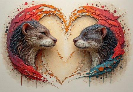 High resolution,Best quality,White Balance,light and shade contrast,rule of thirds,hyper Realistic,colorful,vibrant colors,negative space,extreme wide shot.in the style of Peter Mohrbacher,frank frazetta,artchlr,bright colors,

two otters facing each other,eyes closed,head tigheter,(the negative space between thier head making an heart shape),surrounded by love and hearts,