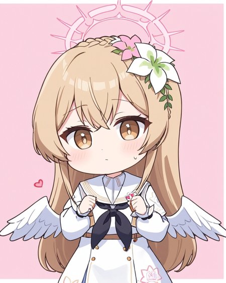 nagisa \(blue archive\),1girl, solo, black_neckerchief, puffy_long_sleeves, hair_flower, white_dress, uchiwa, halo, sweat, holding_fan, white_outline, chibi, white_sailor_collar, flying_sweatdrops, pink_background, two-tone_background, white_flower, sailor_dress, white_background, white_wings, closed_mouth, feathered_wings, hands_up, facing_viewer, crown_braid, upper_body, pink_flower, heart, simple_background
<lora:nagisa_(blue_archive)_image577_2023-11-28-000015:1>halo. gorgeous,key visual, vibrant, studio anime,award-winning, professional, highly detailed,high budget, cinemascope