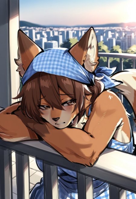 masterpiece, best quality, good quality, very awa, newest, highres, absurdres, highres, very aesthetic, (furry:1.5), fur, fur covered, highly detailed fur, fluffy body fur, (no humans:1.3), KureNaiZ,
BREAK,
1girl, solo, female anthro maned wolf, thin face, angular features, wolf ears, wolf tail, fluffy, brown fur, brown hair, short hair, amber brown eyes, detailed eyes, blue headscarf, blue sundress, gingham, sleeveless, hand on railing, head resting on arm, face focus, closeup, sad ears, looking to the side, tears 
BREAK, 
balcony, stone railing, white railing, summer, sunlit, dreamy, cityscape, afternoon light, chill atmosphere, depth of field, faded color, nature, detailed background, dreamy lighting, contrasting shadows, evocative composition, dynamic contrasts,